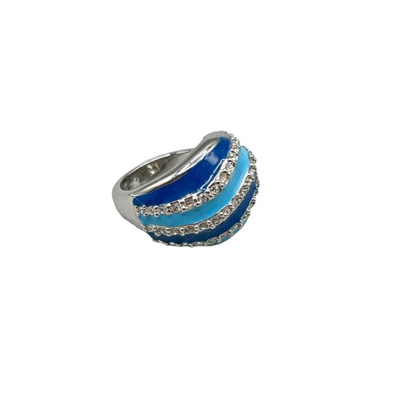 Vintage Blue Enamel Ring Size 4.5 Light & Dark Blue w Rhinestones Oceanic Ring - Picture 1 of 7